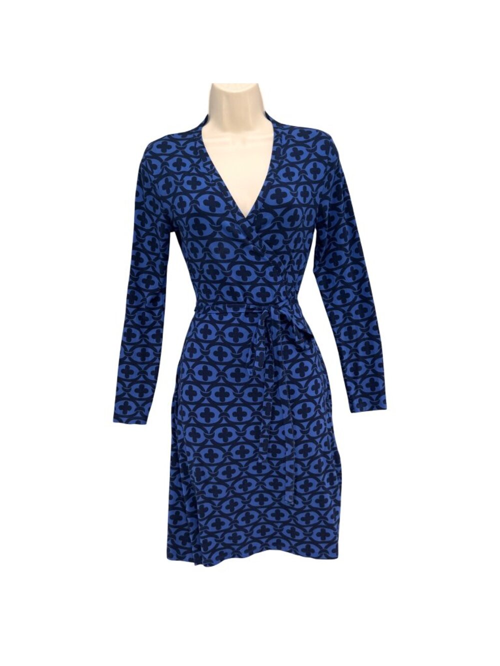 Boden Jersey Wrap Dress Blue Black Long Sleeve Medallion Print V Neck Size 4P